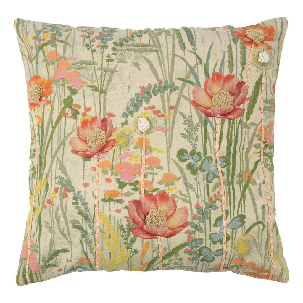 Kussen geborduurd wilde bloemen roze klaproos 60x60cm