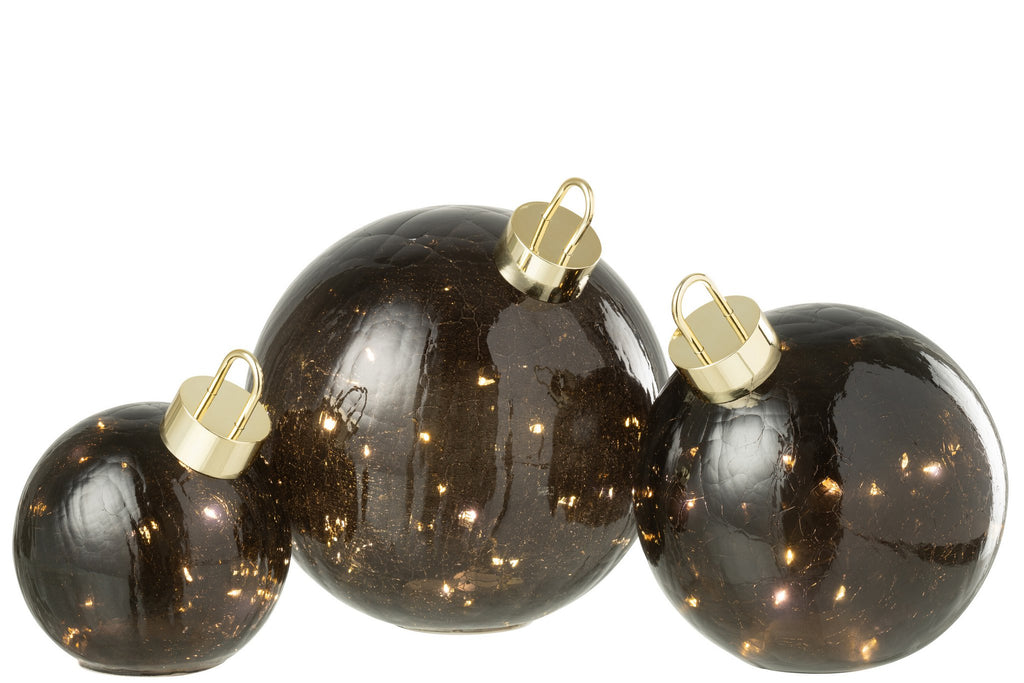 J-Line kerstbal - glas - zwart - L - LED lichtjes
