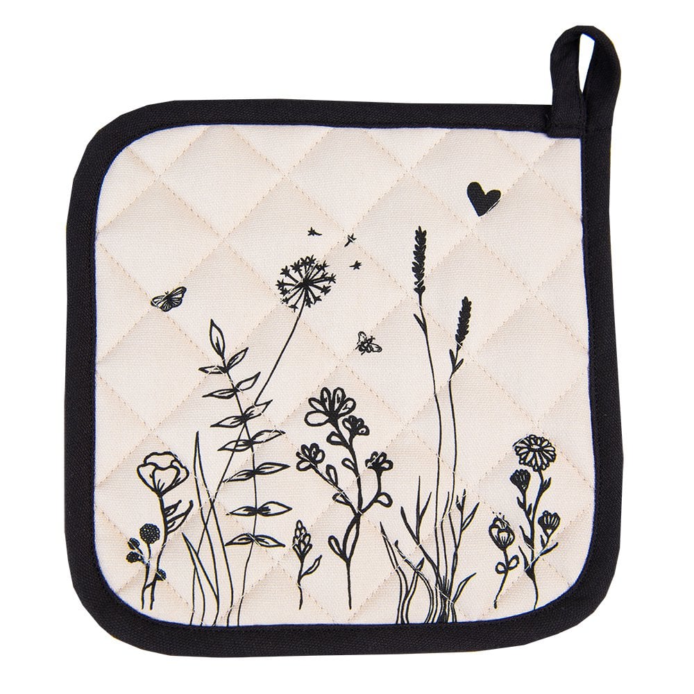 Pannenlap 20x20 cm Beige Zwart Katoen Bloemen Afgiet Pannenlap