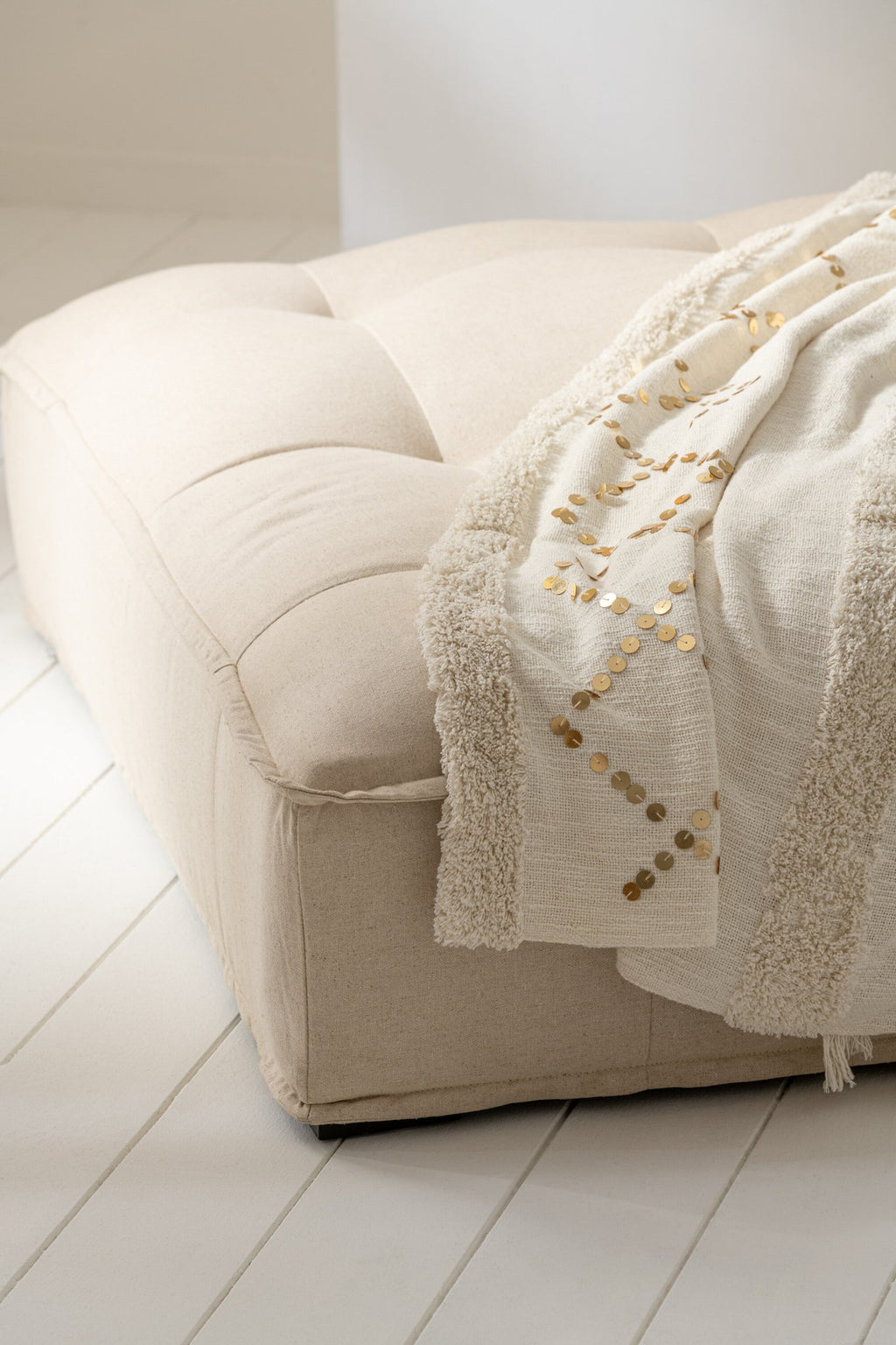 J-Line Plaid diamanten + franjes - katoen - wit/goud - 130 x 180 cm
