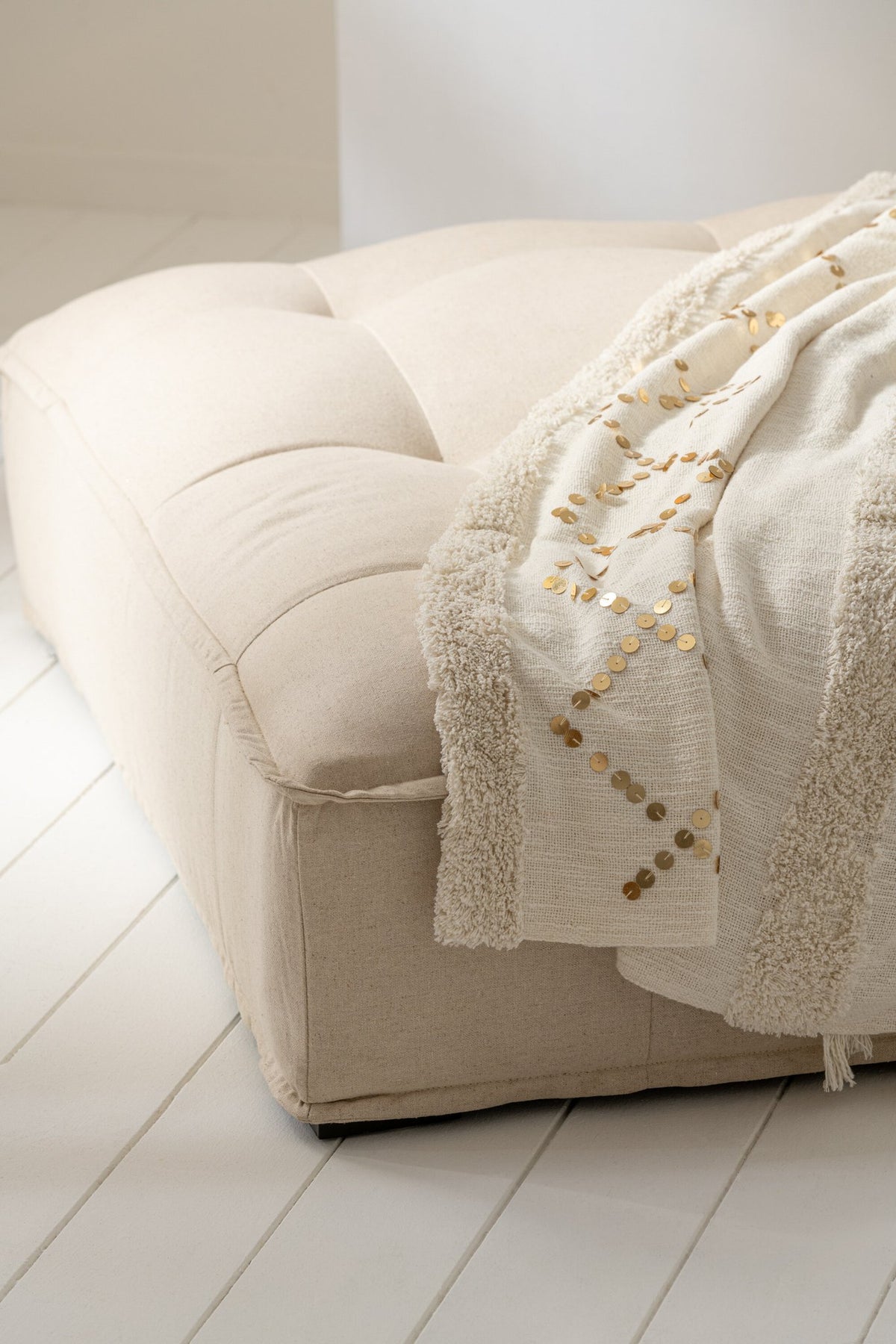 J-Line Plaid diamanten + franjes - katoen - wit/goud - 130 x 180 cm