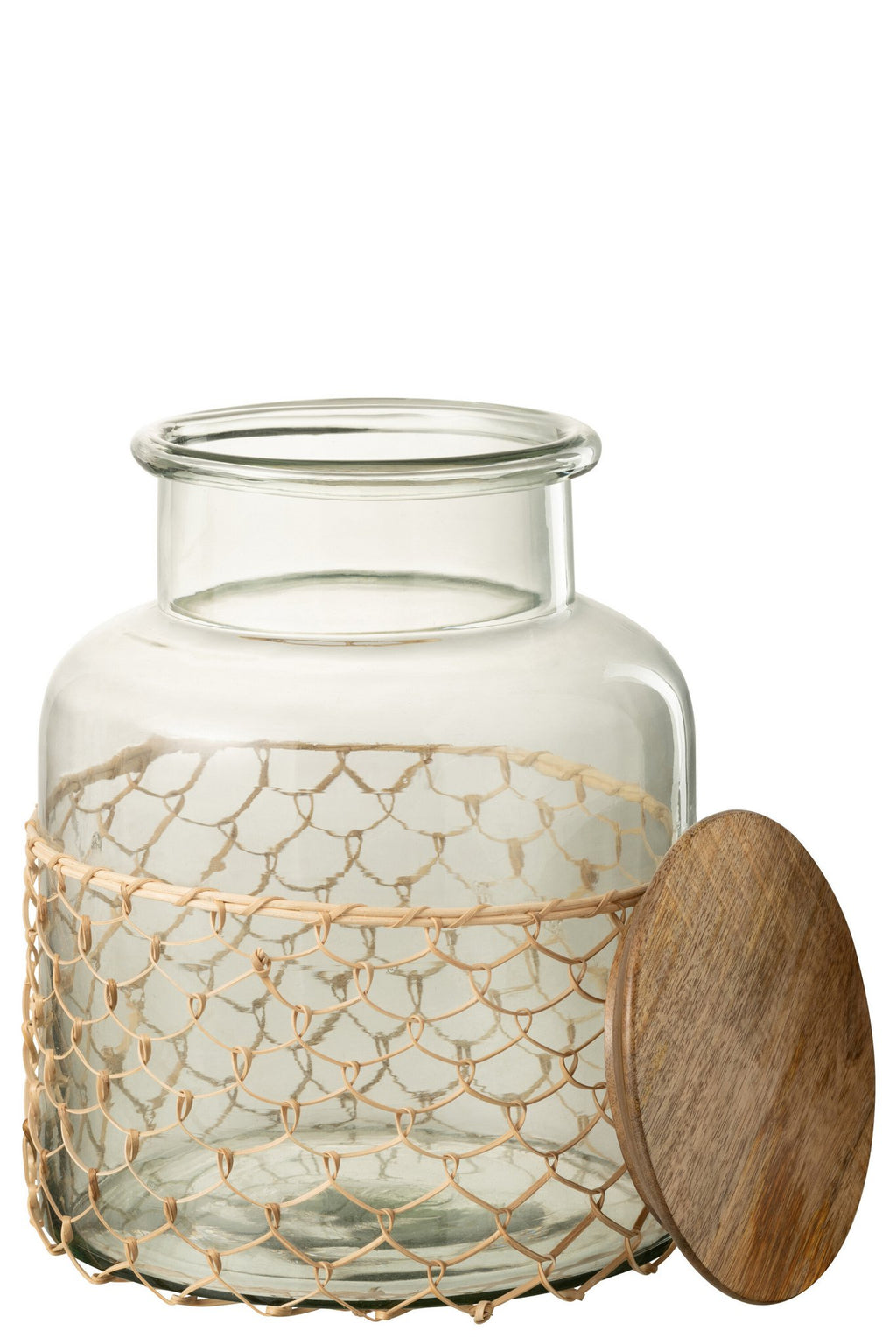 J-Line pot Deksel Breiwerk - glas/hout/jute - transparant - L