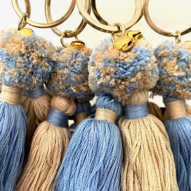 Luna -Leena Keychain Twin Tassels Blue/Sand - Bag Charm - Organic Cotton - Handmade in Nepal - Bag Hanger