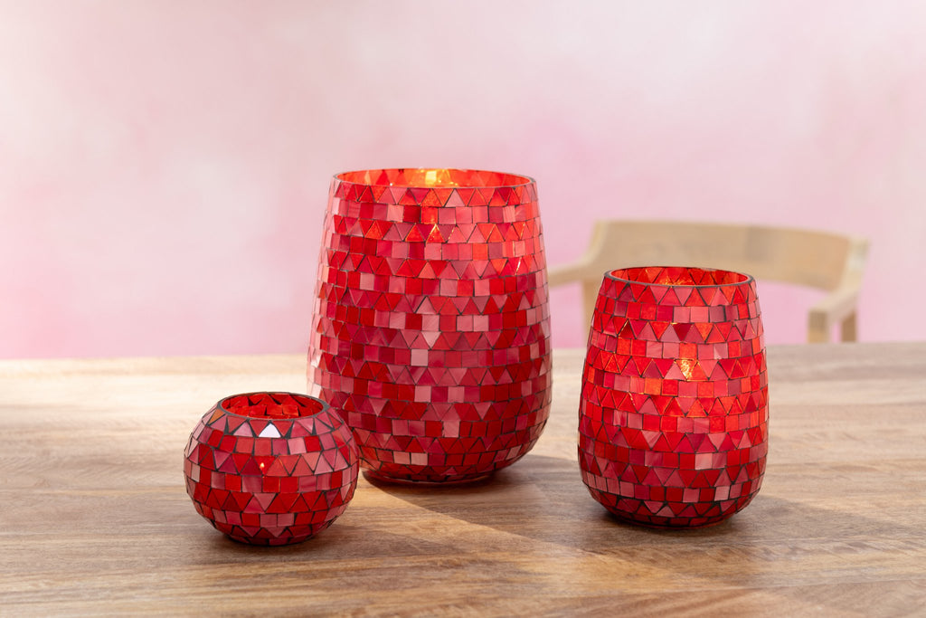 J-Line Windlicht Mozaiek Driehoek Glas Rood/Roze Large