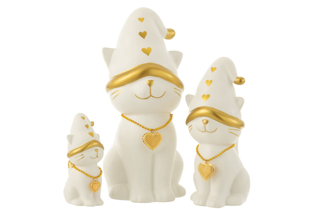 J-Line figuur Kat Hart Hat Dolomiet - porselein - wit/goud - large