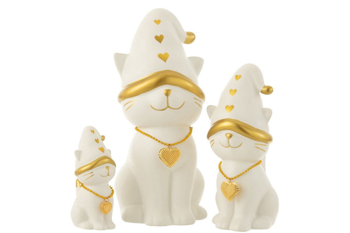 J-Line figuur Kat Hart Hat Dolomiet - porselein - wit/goud - large