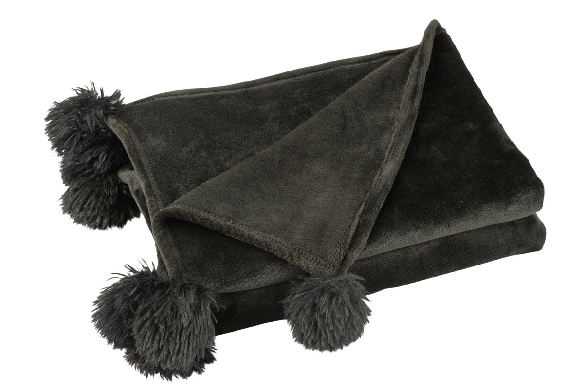 J-Line plaid Pompom - polyester - zwart - 170 x 130 cm