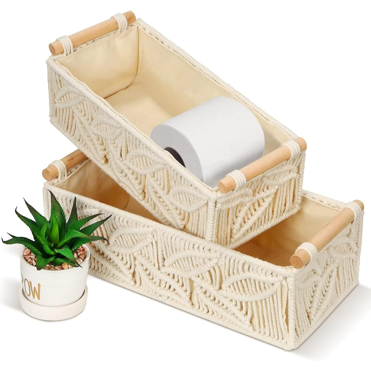 Katoenen macramé opbergmand met houten handvatten - set van 2 stuks
