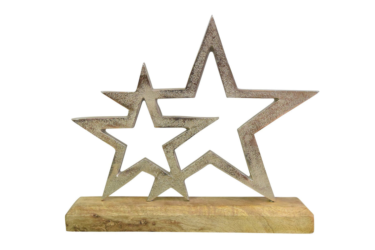 Sterren op voet hout/metaal 22x5x26cm zilver/bruin