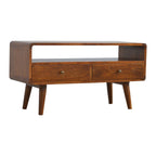 Massief mangohout gebogen kastanje mediameubel met 2 lades, open opbergruimte en Scandinavische poten | Kastanje Afwerking | 90x35x47 cm
