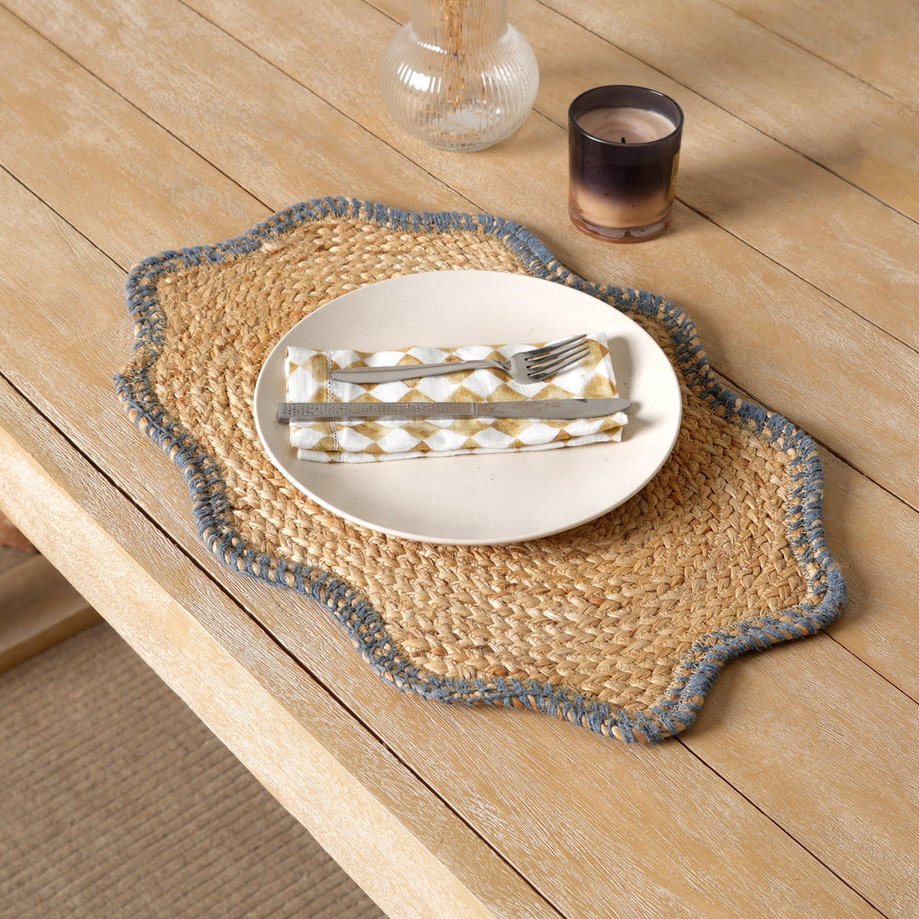 Handgemaakte gevlochten jute placemat – blauw – eettafel decor
