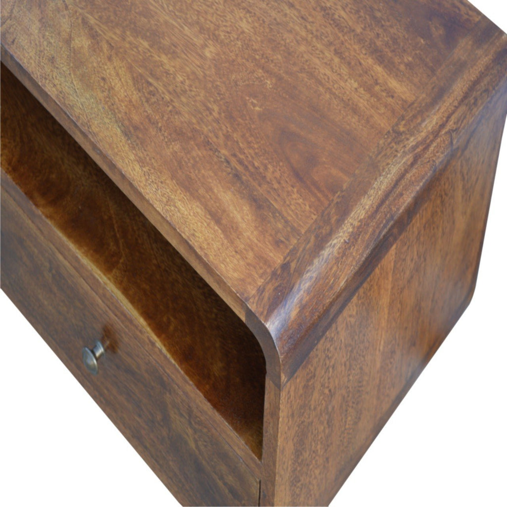 Massief mangohout gebogen kastanje mediameubel met 2 lades, open opbergruimte en Scandinavische poten | Kastanje Afwerking | 90x35x47 cm