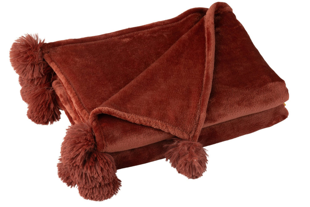 J-Line Plaid Pompon - polyester - marsala rood - 170 x 130 cm