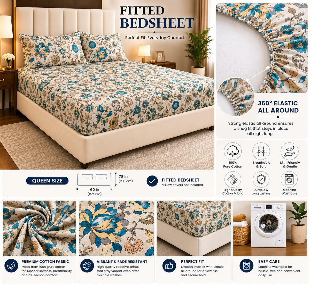 Laken | 100% katoen, elastisch getailleerd | King 200x200 cm, 3-delig pakket | Gedrukt
