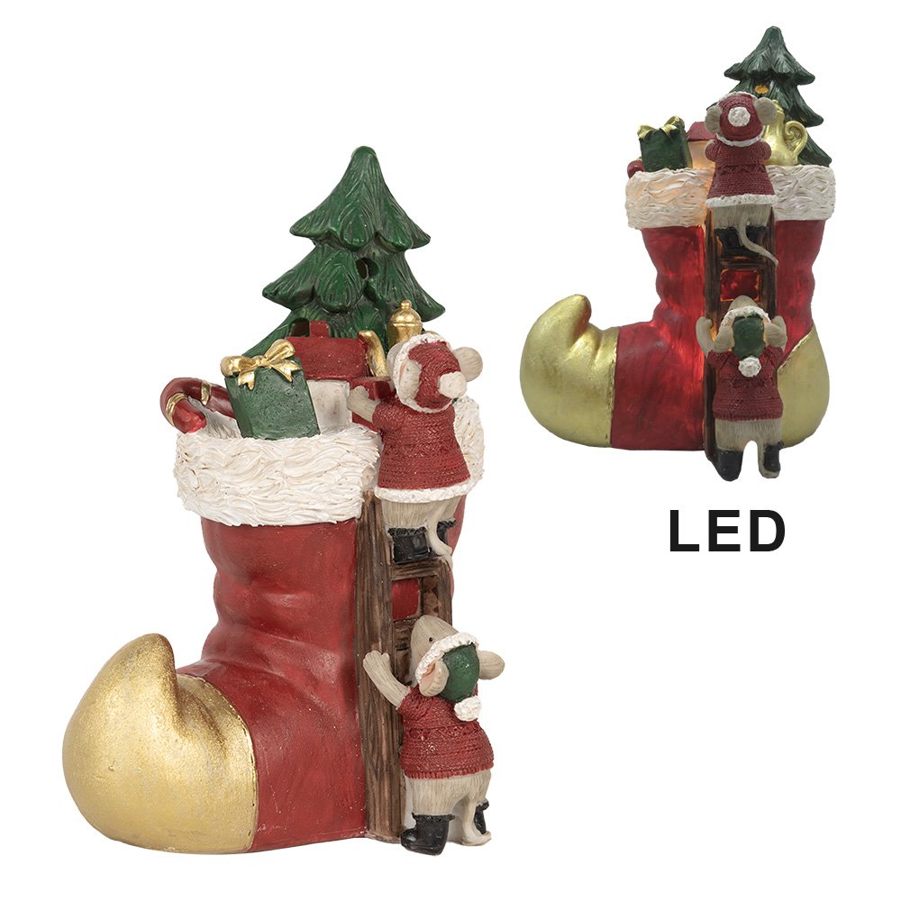 Kerstdecoratie met LED-verlichting Laars 14x10x19 cm Rood Polyresin Muis