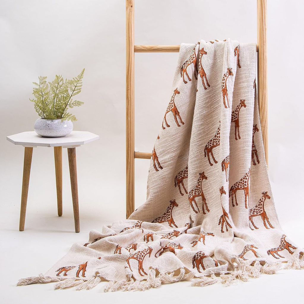 Deken met giraffeprint – 100% katoenen bank- en bedovertrek – met kwastjes – 50x70 inch