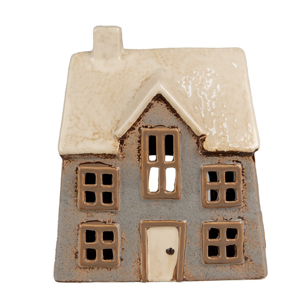 Waxinelichthouder Huis 15x10x17 cm Grijs Beige Keramiek Theelichthouder