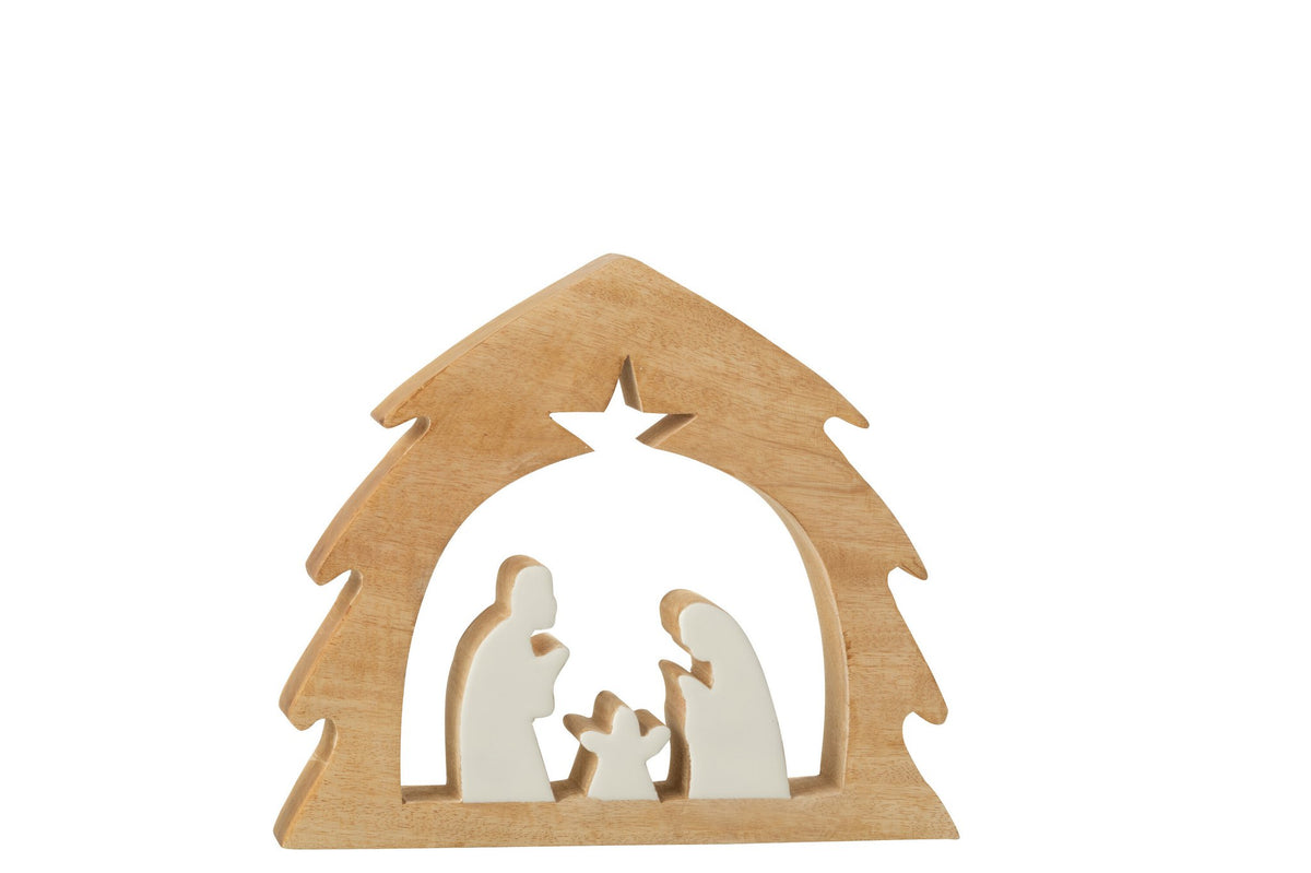 J-Line decoratie Kerststal Boom - hout - wit/naturel - M