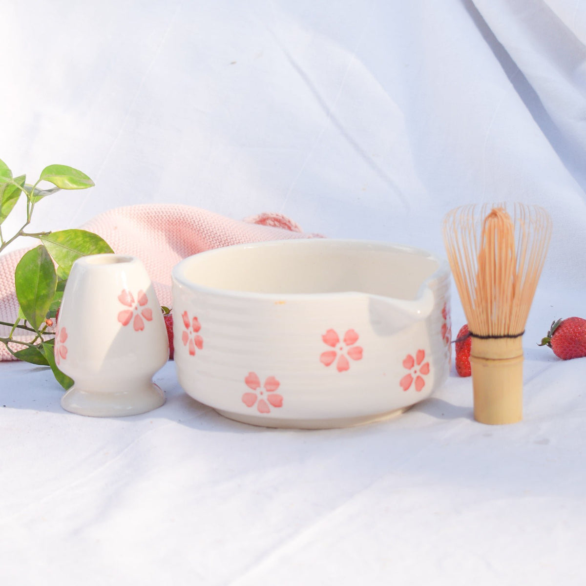 Serveerschaal | Keramieken handgeschilderde Matcha-set | Kersenbloesem set van 2