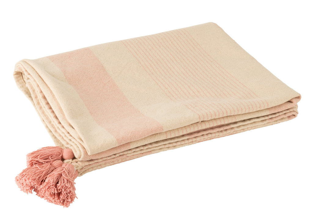 J-Line Plaid mik - katoen - wit/roze - 130 x 180 cm