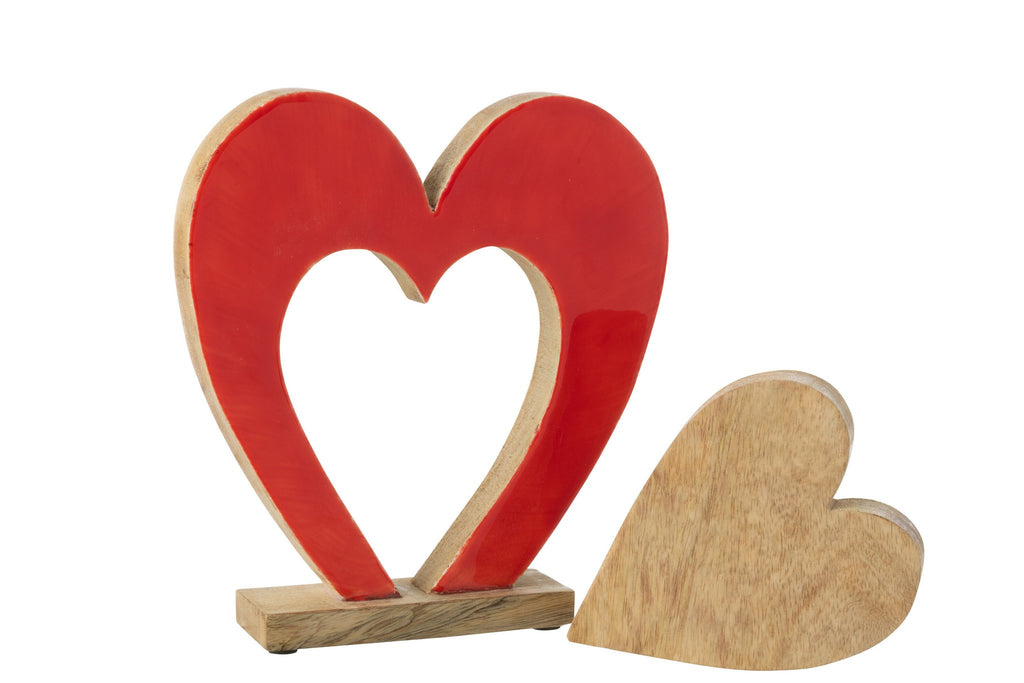 J-Line decoratie Hart Dubbel Op Voet - hout - rood/naturel - large
