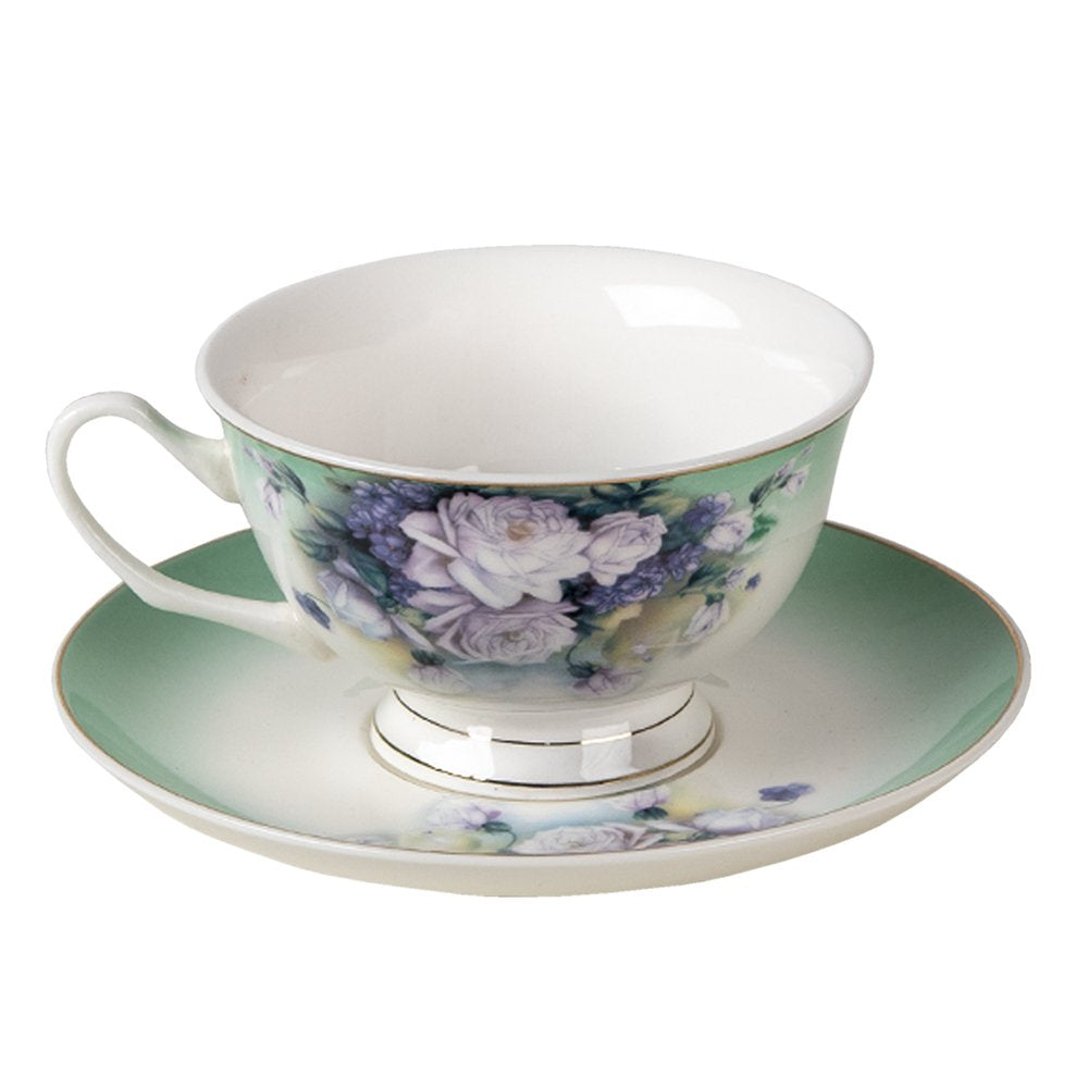 Kop en Schotel 200 ml Groen Wit Porselein Bloemen Servies