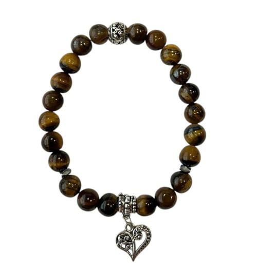Dames armband Tijgeroog 8 mm met hart bedel