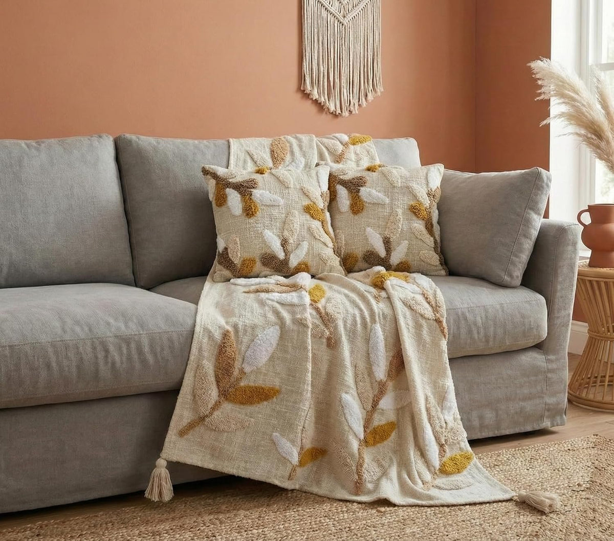 Handgetufte katoenen banksprei en kussenset – bij elkaar passend 3-delig decor – 50x60" plaid, 2x 16x16" hoezen
