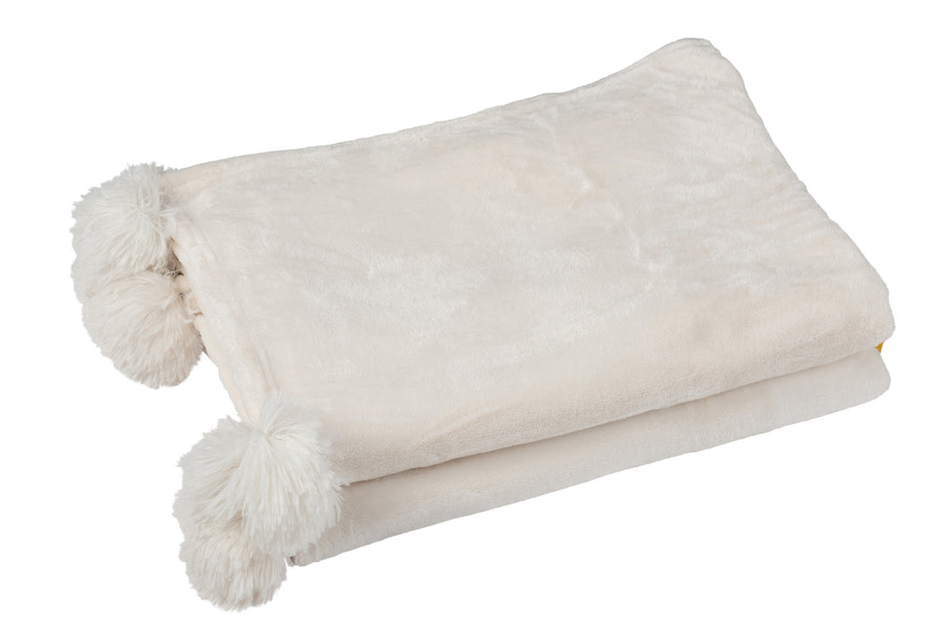 J-Line Plaid Pompon - polyester - crème - 170 x 130 cm