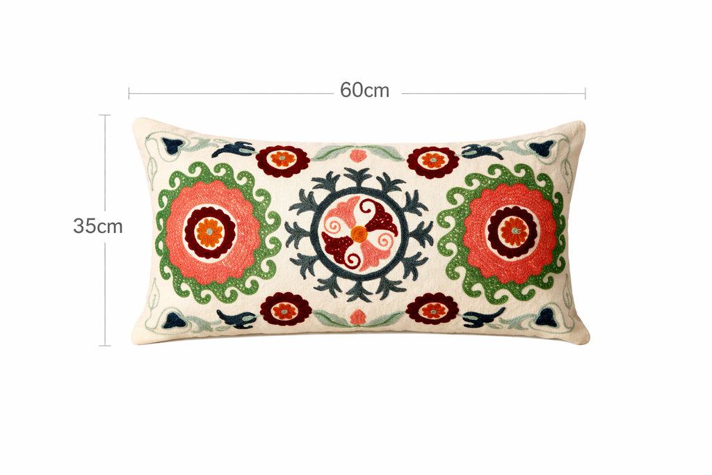 Katoenen bloemenleer geborduurd lendenkussen - 35 x 60 cm