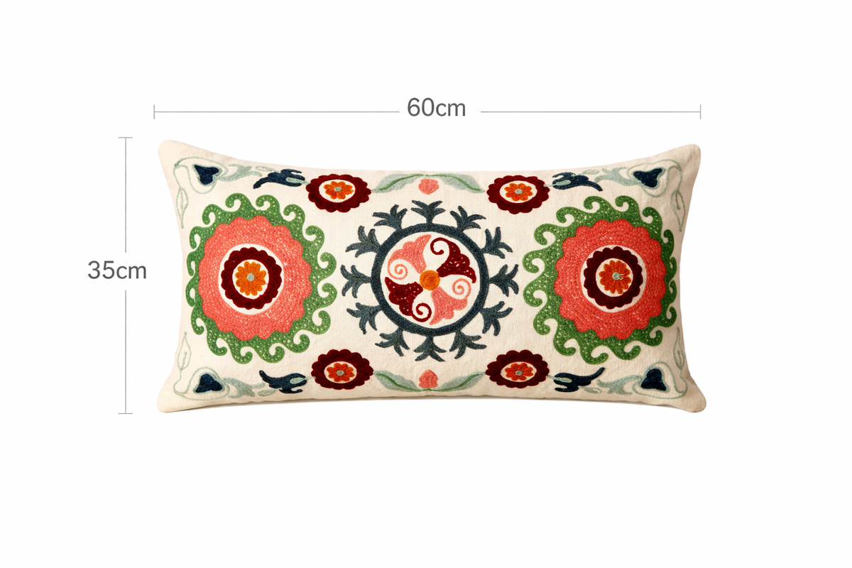 Katoenen bloemenleer geborduurd lendenkussen - 35 x 60 cm