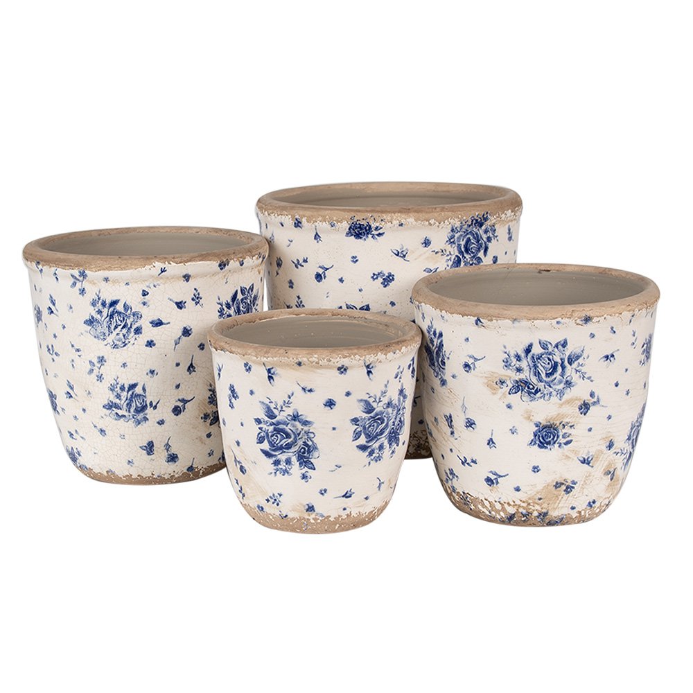 Bloempot Ø 11x10 cm Beige Blauw Keramiek Roosjes Bloempot Binnen
