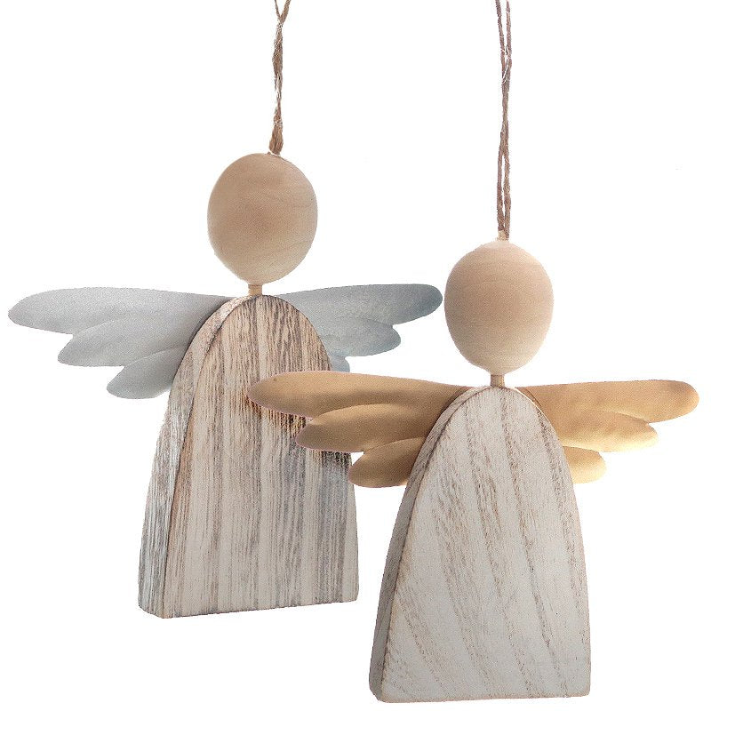 Houten hanger engel 12x12cm naturel/wit