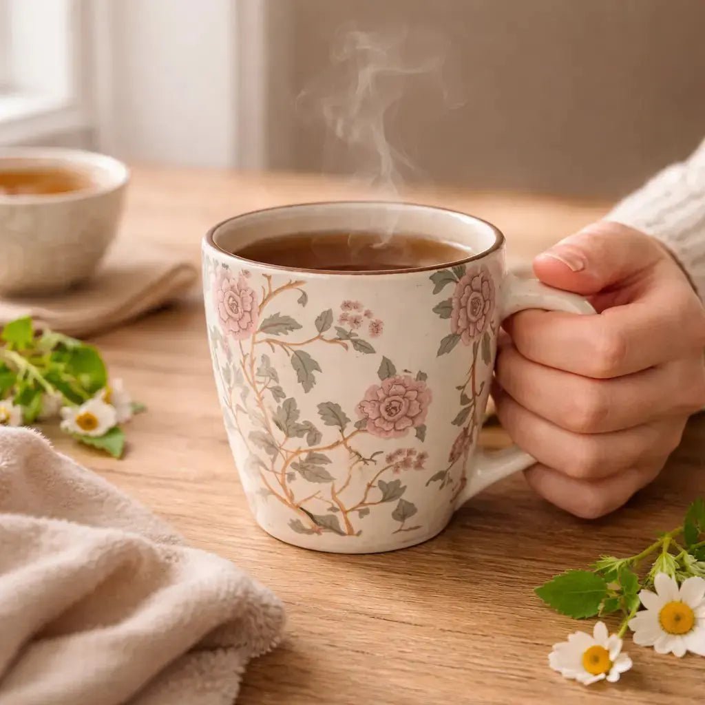 Handgemaakte steengoed koffiemok - pioenroosontwerp