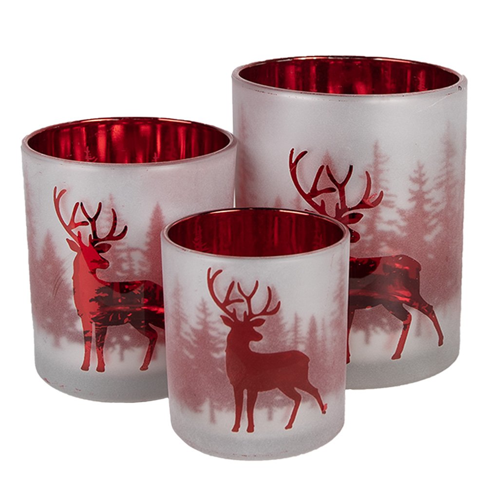 Theelichthouder Set van 3 Wit Rood Glas Hert Waxinelichthouder
