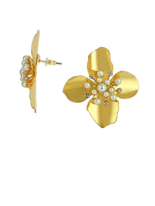 Met bloemen versierde studs – Oorknopjes – Vergulde legering, namaaksteen en parel