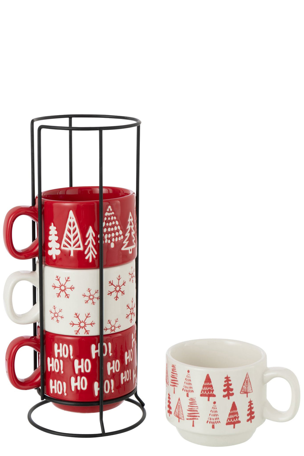 J-Line kop Kerstmis Dolomiet - keramiek - rood/wit - set van 4