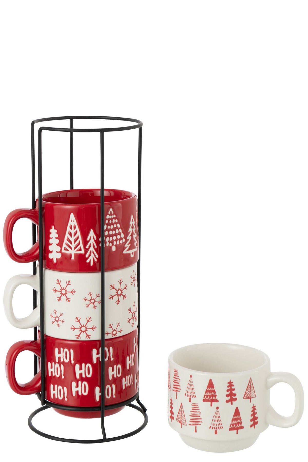 J-Line kop Kerstmis Dolomiet - keramiek - rood/wit - set van 4