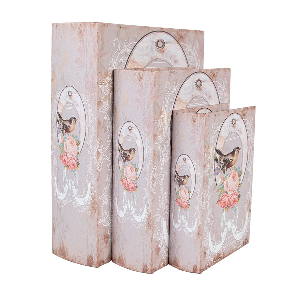 Opbergdoos Set van 3 Boeken 27/22/17 cm Roze Hout Vogel