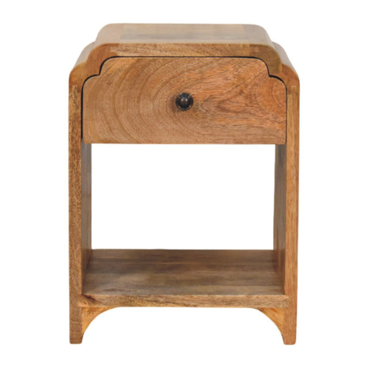 Massief houten Newton mini-nachtkastje in eikenhout, 1 lade en open plank, beige