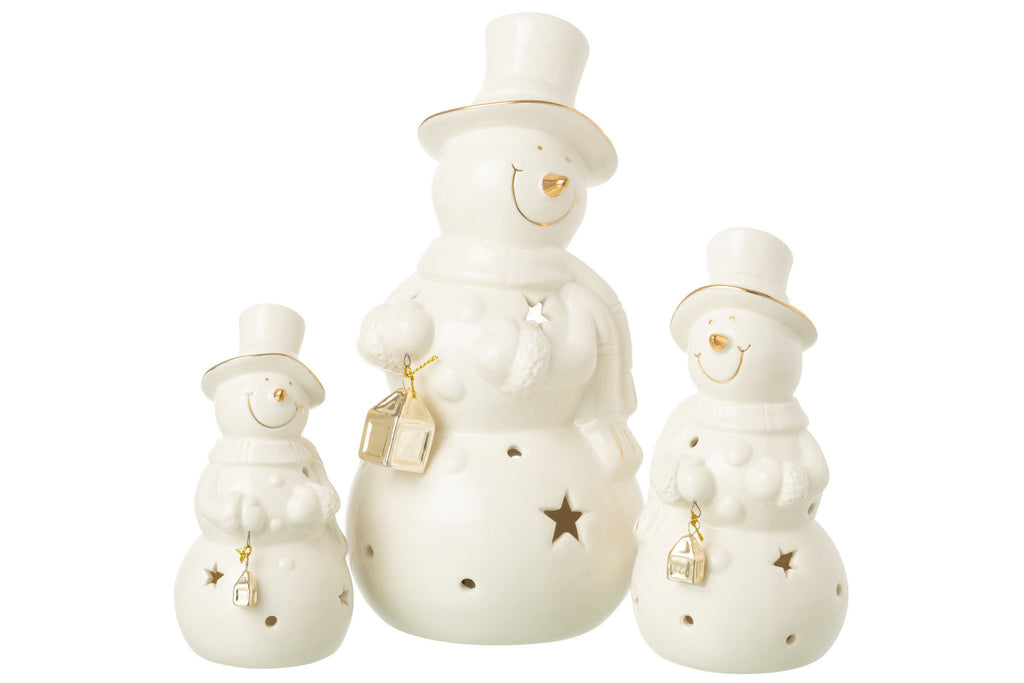 J-Line figuur Sneeuwman - porselein - ecru - L - LED lichtjes