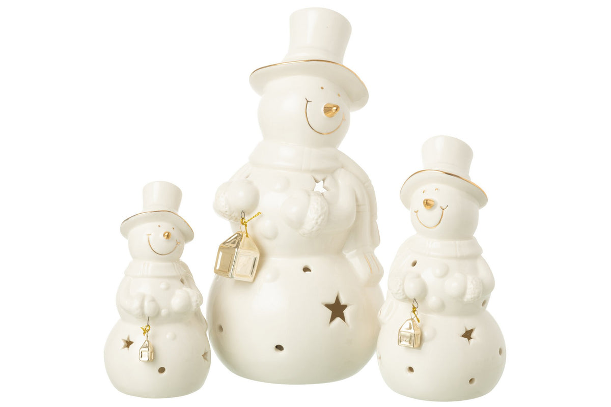 J-Line figuur Sneeuwman - porselein - ecru - L - LED lichtjes