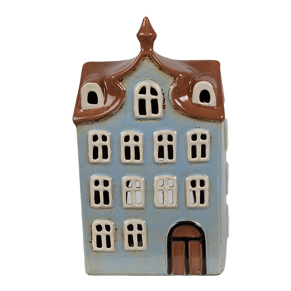 Waxinelichthouder Huis 13x9x22 cm Blauw Bruin Keramiek Theelichthouder