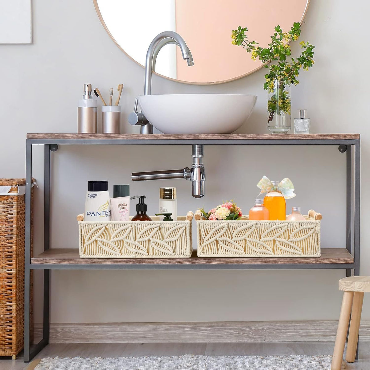 Katoenen macramé opbergmand met houten handvatten - set van 2 stuks