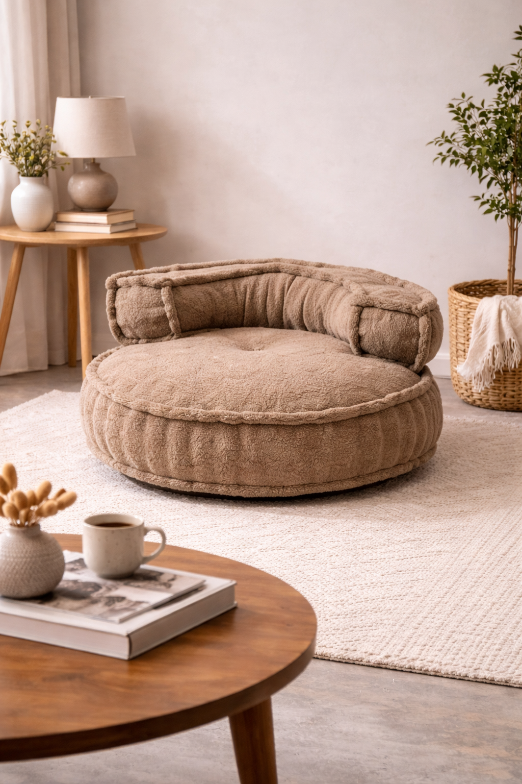 Beige gestoffeerde vloerbank – moderne lounge