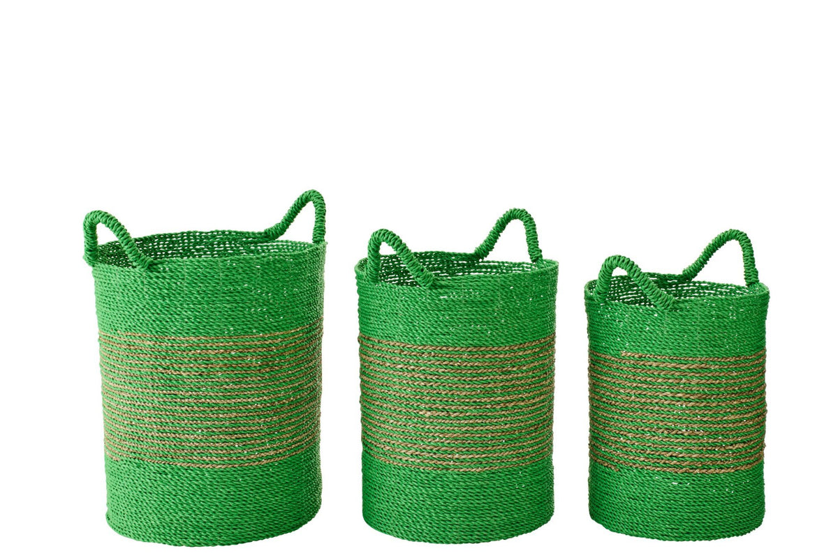 J-Line mand Gestreept - zeegras - naturel/groen - set van 3