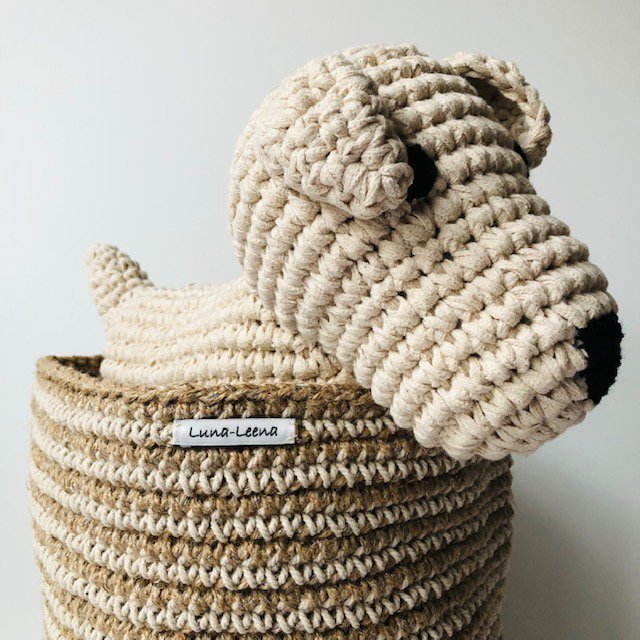 Luna-Leena mand hoog met gebroken witte strepen - jute & katoen - H30cm - hand gehaakt in Nepal