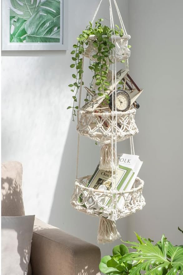 Hangende opbergmand van katoenmacramé – 3 lagen