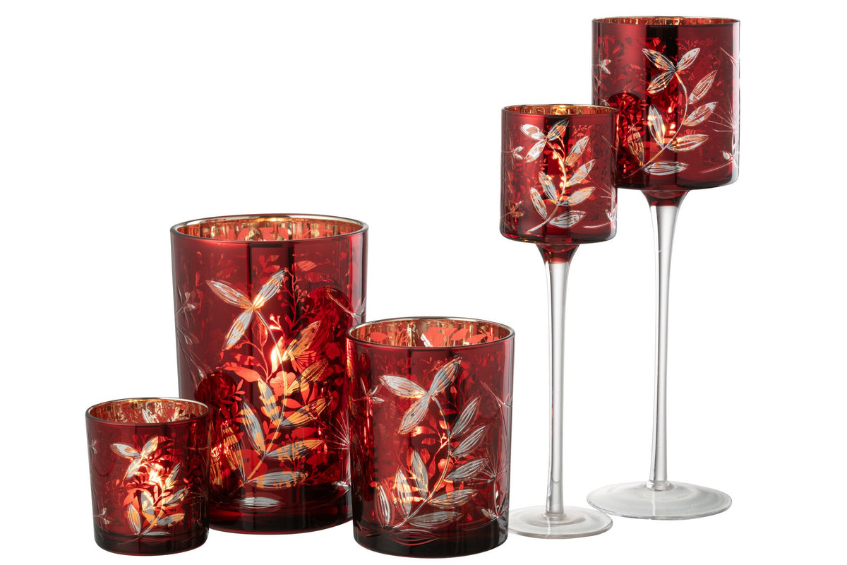 J-Line theelichthouder Op Voet Blaadjes - glas - rood/goud - large