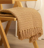 Wafelgebreid deken – decoratieve banksprei – katoenen kwastjesdesign – 127x152 cm beige